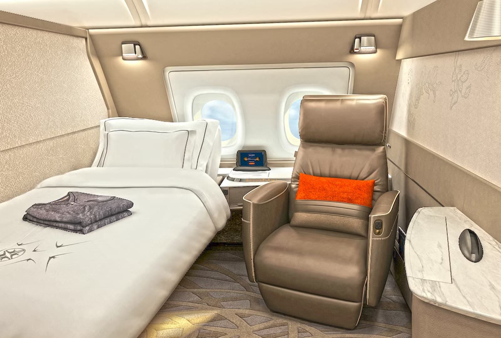 Luxury first class private suite with enclosed seating and premium cabin amenities on an international airline